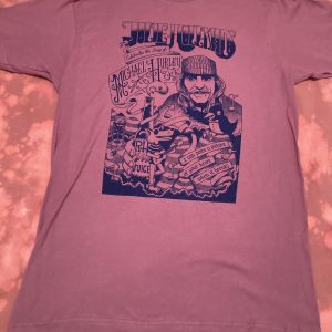 Wine-colored t-shirt with dark blue screenprinted design. Jolie Holland Celebrates the Songs of Michael Hurley, illustration by Jack Fallowes.