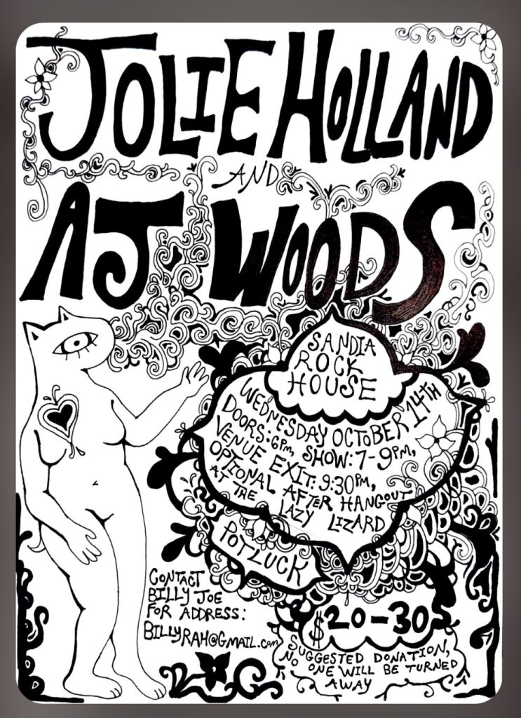 A hand drawn black and white poster for Jolie Holland and AJ Woods performing at Sandia Park in Tulsa OK on October 14th